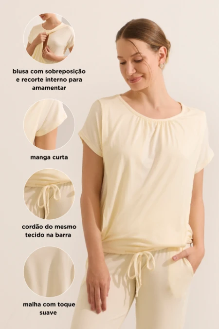 CONJUNTO HOME WEAR COM CALÇA GRAVIDEZ E AMAMENTAÇÃO OFF WHITE