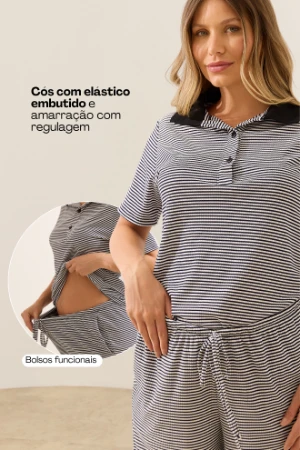 CONJUNTO GESTANTE E AMAMENTAÇÃO CAMISETA POLO E CALÇA DE MALHA LISTRADO - Imagem 2
