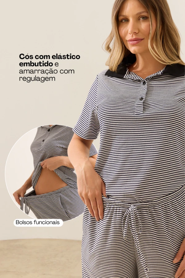 CONJUNTO GESTANTE E AMAMENTAÇÃO CAMISETA POLO E CALÇA DE MALHA LISTRADO - Imagem 2