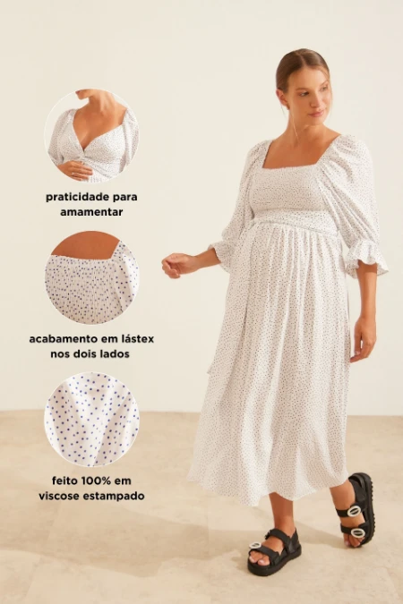 VESTIDO MIL LOOKS DE VISCOSE FRESQUINHA GESTANTE E AMAMENTAÇÃO BRANCO COM POA MARINHO