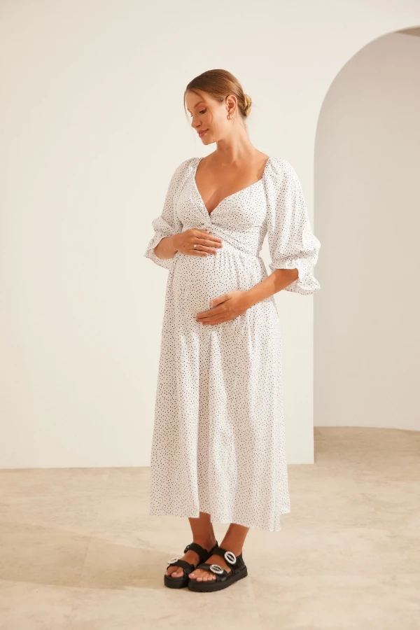 VESTIDO MIL LOOKS DE VISCOSE FRESQUINHA GESTANTE E AMAMENTAÇÃO BRANCO COM POA MARINHO - Imagem 1