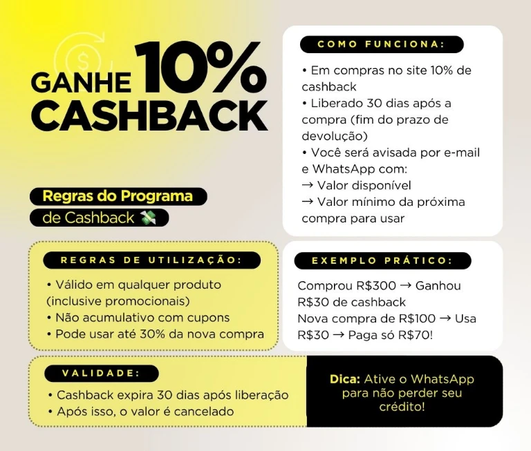 GANHE 10% DE CASHBACK EM TODAS AS COMPRAS