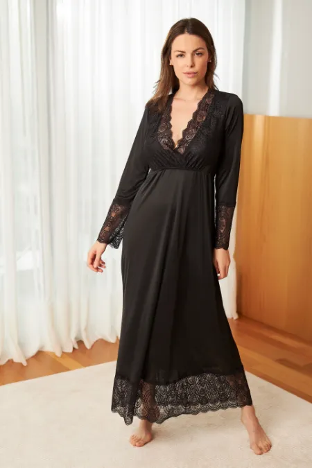 KAFTAN GESTANTE E AMAMENTAÇÃO LONGO COM RENDA PRETO