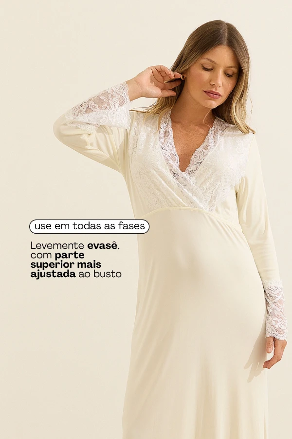 KAFTAN GESTANTE E AMAMENTAÇÃO LONGO COM RENDA CREME - Imagem 2