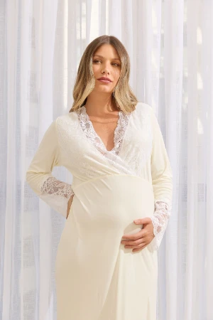 KAFTAN GESTANTE E AMAMENTAÇÃO LONGO COM RENDA CREME - Imagem 1