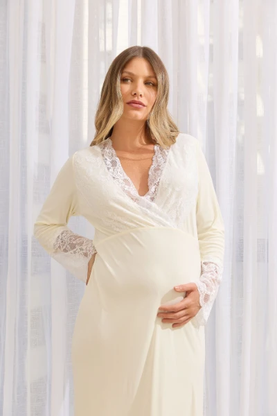 KAFTAN GESTANTE E AMAMENTAÇÃO LONGO COM RENDA CREME - Imagem 1
