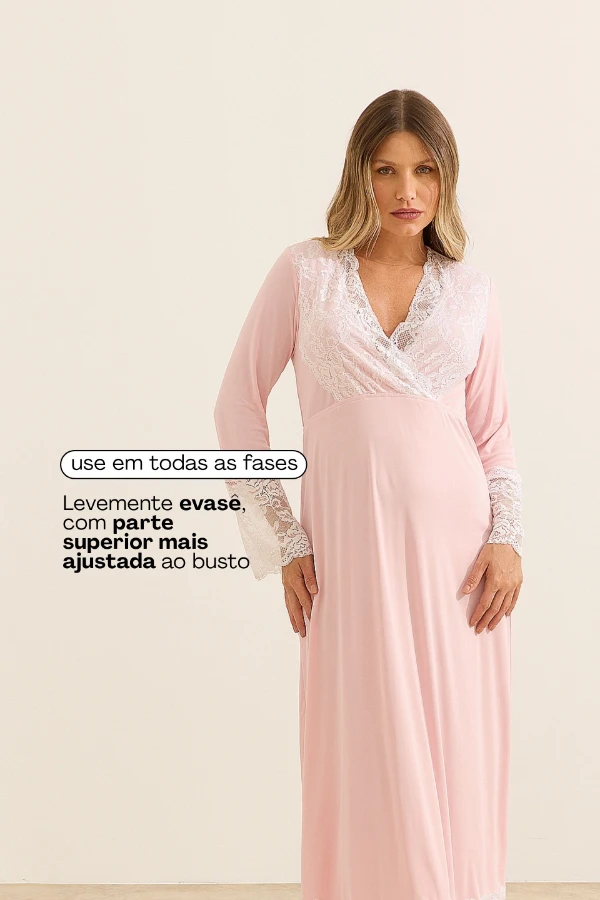 KAFTAN GESTANTE E AMAMENTAÇÃO LONGO COM RENDA ROSA - Imagem 2
