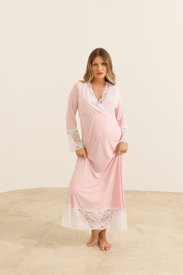 KAFTAN GESTANTE E AMAMENTAÇÃO LONGO COM RENDA ROSA - Imagem 1