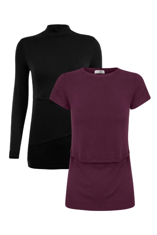 KIT BLUSA GOLINHA MANGA LONGA E BLUSA PRÁTICA MANGA CURTA GESTANTE E AMAMENTAÇÃO  - Imagem 1