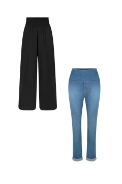 KIT GESTANTE E PÓS-PARTO CALÇA JEANS RETA E CALÇA SOLTINHA COM LASTEX