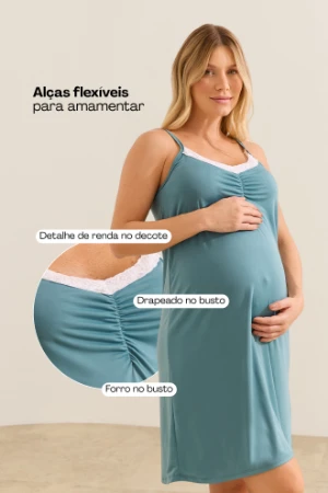KIT MATERNIDADE ROBE E CAMISOLA FLEXÍVEL COM RENDA VERDE PETROLEO - Imagem 2