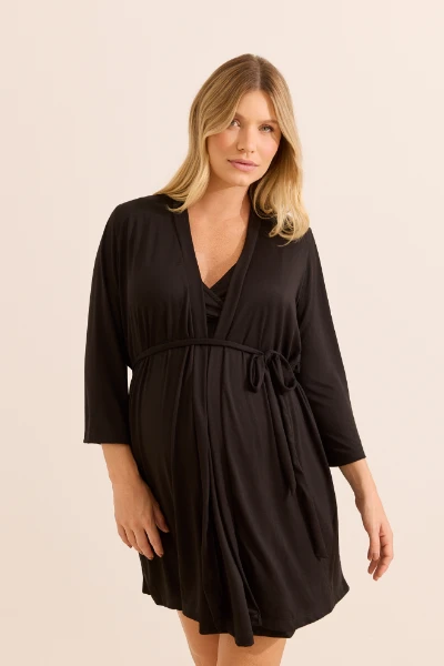 KIT MATERNIDADE ROBE E CAMISOLA MALHA NUVEM PRETO - Imagem 1