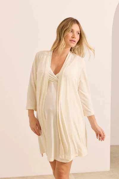 KIT MATERNIDADE ROBE E CAMISOLA MALHA NUVEM CREME - Imagem 1