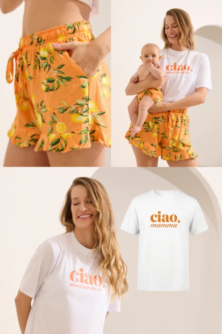 KIT MOM & BABY T-SHIRT + TAPA FRALDAS + SHORTS CIAO MAMMA 