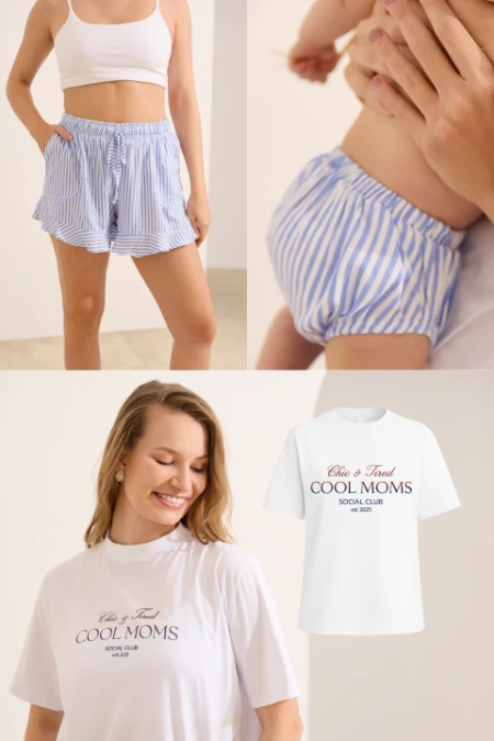 KIT MOM & BABY T-SHIRT + TAPA FRALDAS + SHORTS MOMS CLUB 