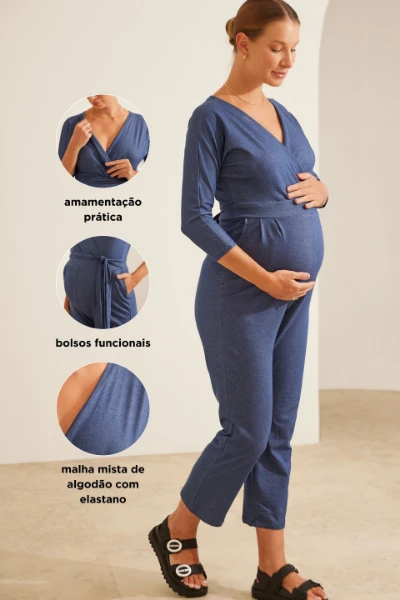 MACACÃO CORINGA COM TRANSPASSE GESTANTE E AMAMENTAÇÃO JEANS INDIGO - Imagem 2
