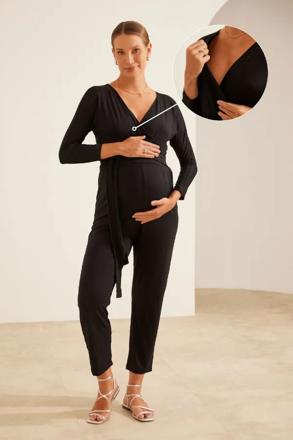 MACACÃO CORINGA COM TRANSPASSE GESTANTE E AMAMENTAÇÃO PRETO - Imagem 1