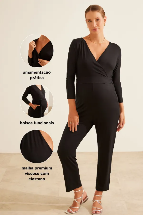 MACACÃO CORINGA COM TRANSPASSE GESTANTE E AMAMENTAÇÃO PRETO - Imagem 2