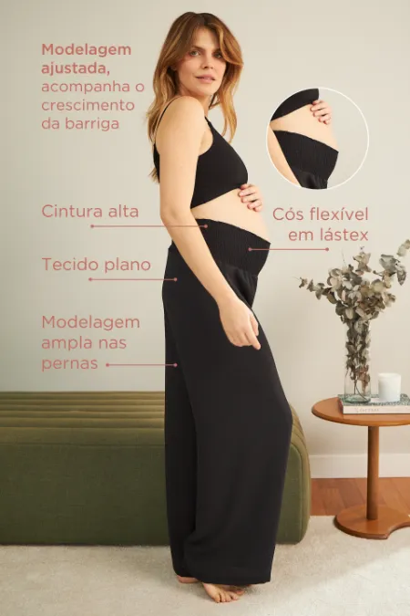 CALÇA GESTANTE E PÓS-PARTO SOLTINHA COM LASTEX PRETO