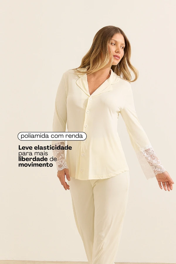 PIJAMA AMERICANO POLIAMIDA E RENDA CREME - Imagem 2