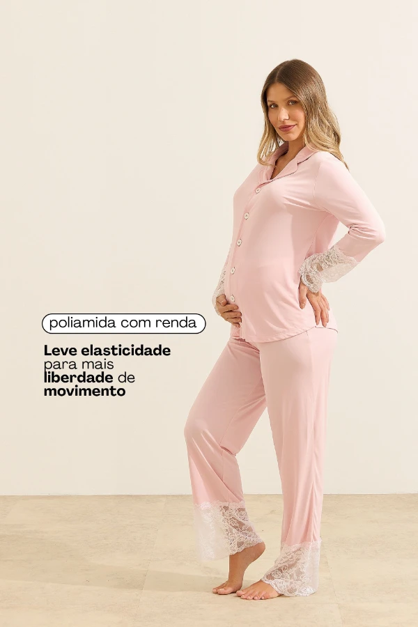 PIJAMA AMERICANO POLIAMIDA E RENDA ROSA - Imagem 2