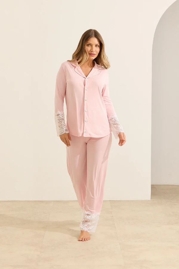 PIJAMA AMERICANO POLIAMIDA E RENDA ROSA - Imagem 1