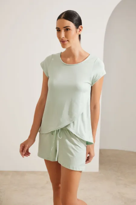 PIJAMA CURTO MALHA NUVEM GRAVIDEZ E AMAMENTAÇÃO VERDE MENTA