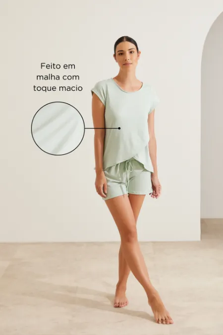 PIJAMA CURTO MALHA NUVEM GRAVIDEZ E AMAMENTAÇÃO VERDE MENTA