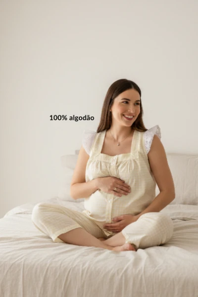 PIJAMA GESTANTE E AMAMENTAÇÃO DE ALGODÃO COM LAISE XADREZ AMARELO - Imagem 2