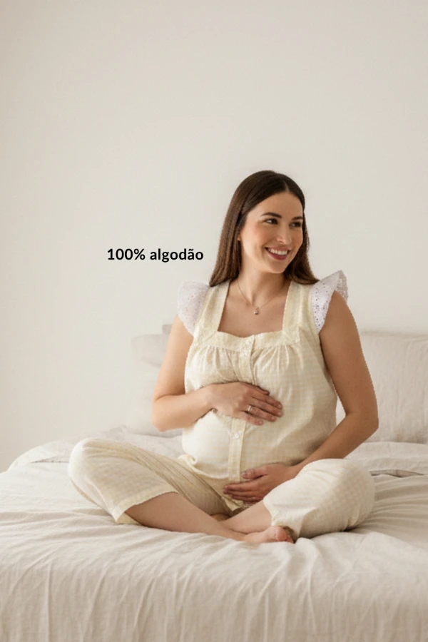 PIJAMA GESTANTE E AMAMENTAÇÃO DE ALGODÃO COM LAISE XADREZ AMARELO - Imagem 2