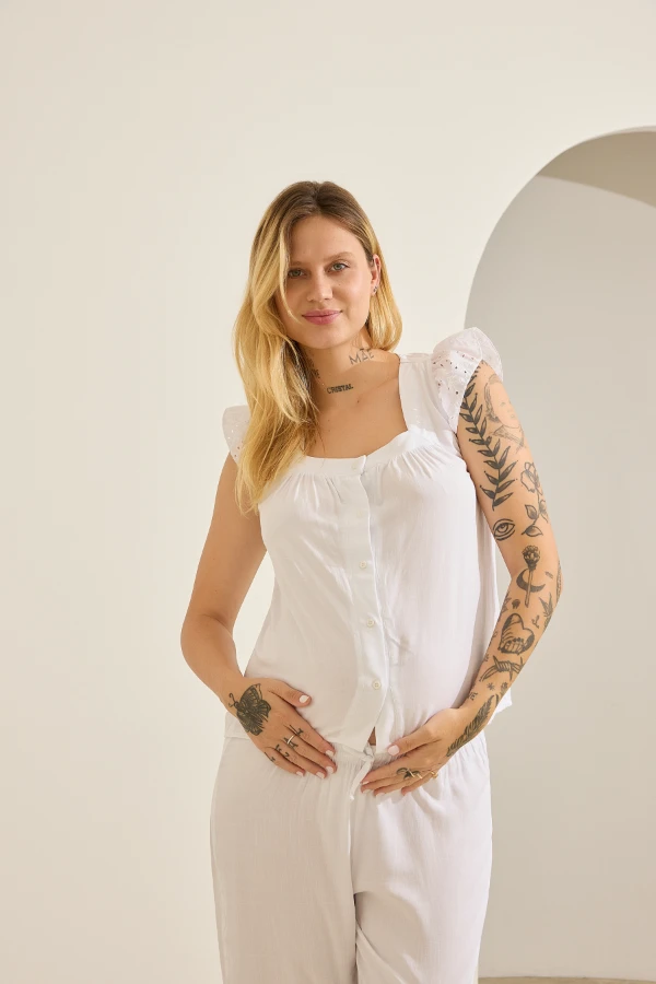 PIJAMA GRAVIDEZ E AMAMENTAÇÃO DE VISCOSE CALÇA E REGATA BRANCO - Imagem 1