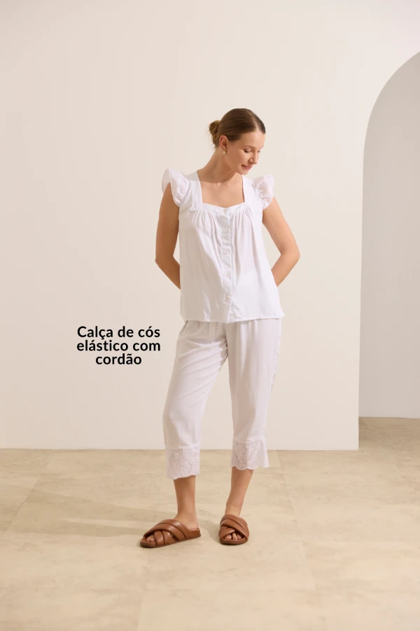 PIJAMA GRAVIDEZ E AMAMENTAÇÃO DE VISCOSE CALÇA E REGATA BRANCO - Imagem 2