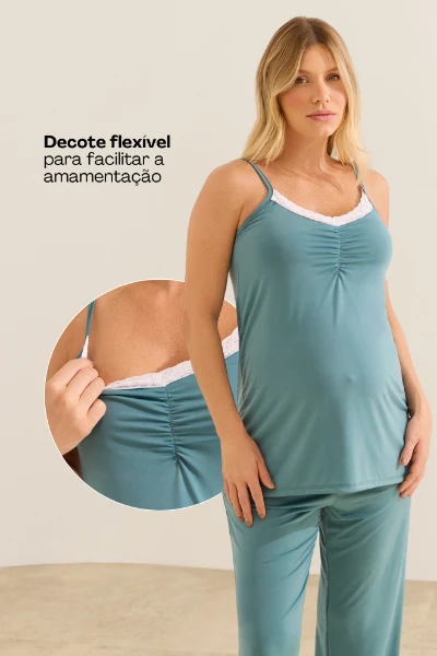 PIJAMA FLEXÍVEL GESTANTE E AMAMENTAÇÃO COM RENDA VERDE PETROLEO - Imagem 2