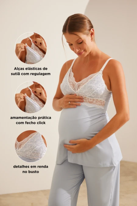 PIJAMA GELADINHO POLIAMIDA PARA AMAMENTAR COM CALÇA AZUL CLARO