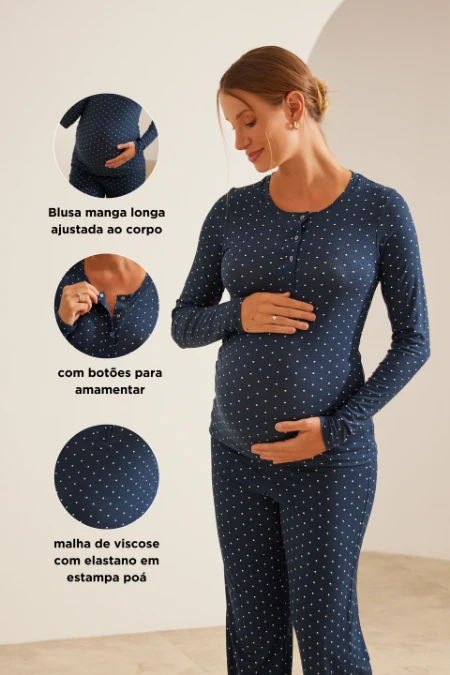 PIJAMA LONGO MALHA CANELADA COM BOTÕES PARA AMAMENTAR MARINHO COM POA