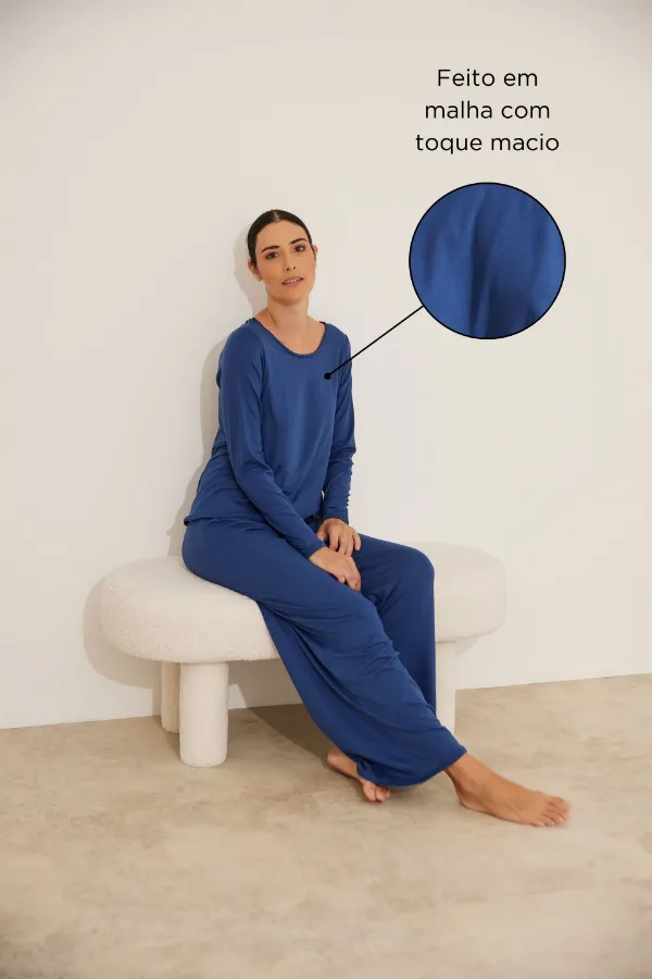 PIJAMA LONGO MALHA NUVEM GRAVIDEZ E AMAMENTAÇÃO MARINHO - Imagem 2