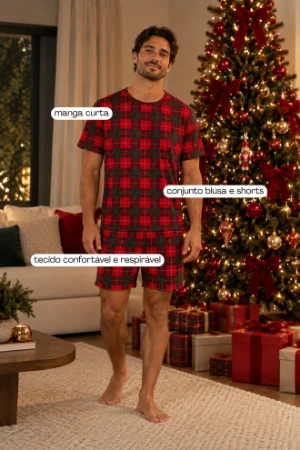 PIJAMA MASCULINO CURTO NATAL EM FAMÍLIA XADREZ VERMELHO - Imagem 2