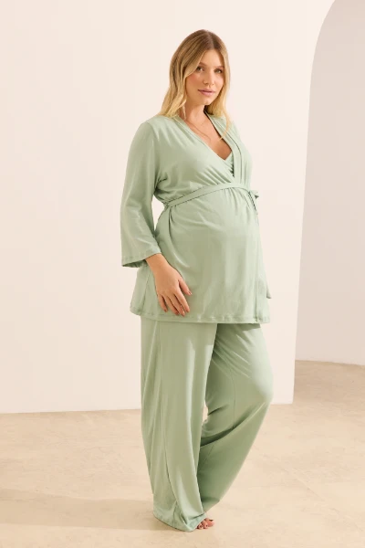 PIJAMA MATERNIDADE 3 PEÇAS MALHA NUVEM VERDE MENTA - Imagem 1
