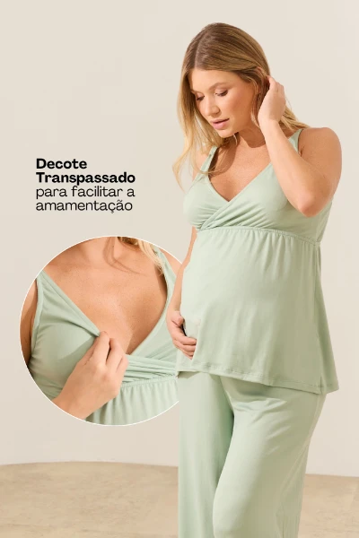 PIJAMA MATERNIDADE 3 PEÇAS MALHA NUVEM VERDE MENTA - Imagem 2
