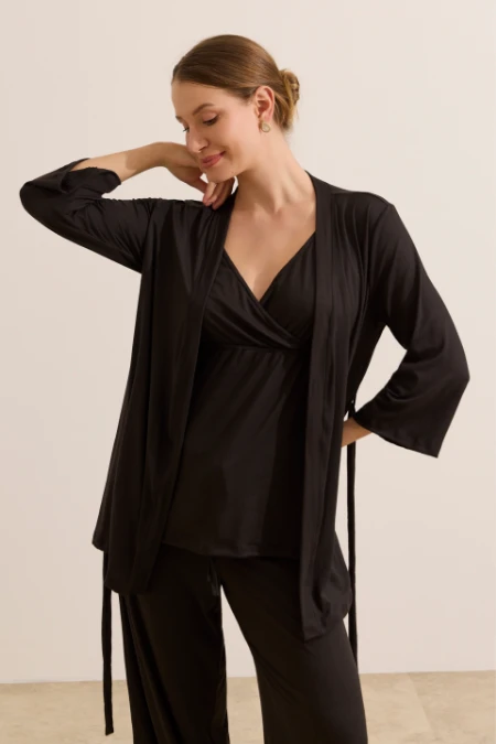 PIJAMA MATERNIDADE 3 PEÇAS MALHA NUVEM PRETO