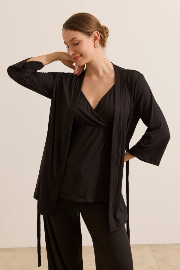 PIJAMA MATERNIDADE 3 PEÇAS MALHA NUVEM PRETO - Imagem 1