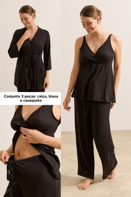 PIJAMA MATERNIDADE 3 PEÇAS MALHA NUVEM PRETO