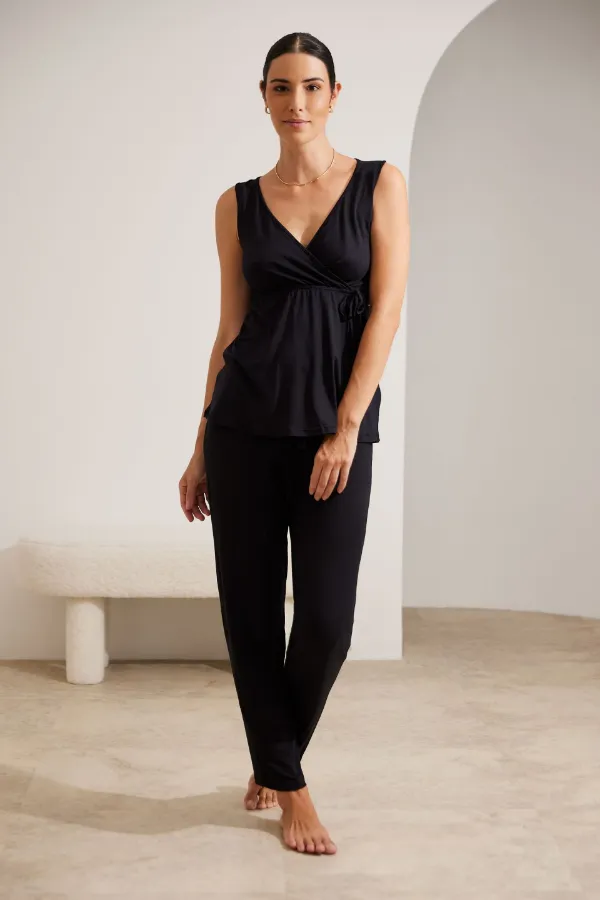 PIJAMA MATERNIDADE 3 PEÇAS TRANSPASSE PRETO - Imagem 2