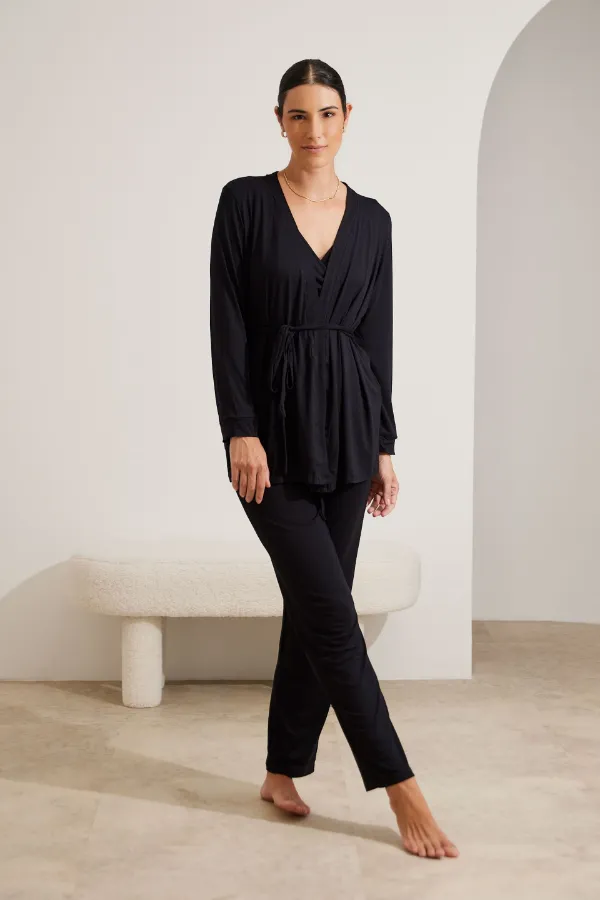 PIJAMA MATERNIDADE 3 PEÇAS TRANSPASSE PRETO