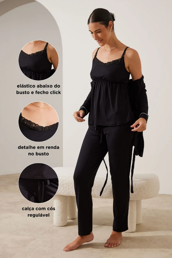 PIJAMA MATERNIDADE 3 PEÇAS FECHO CLICK PRETO - Imagem 2