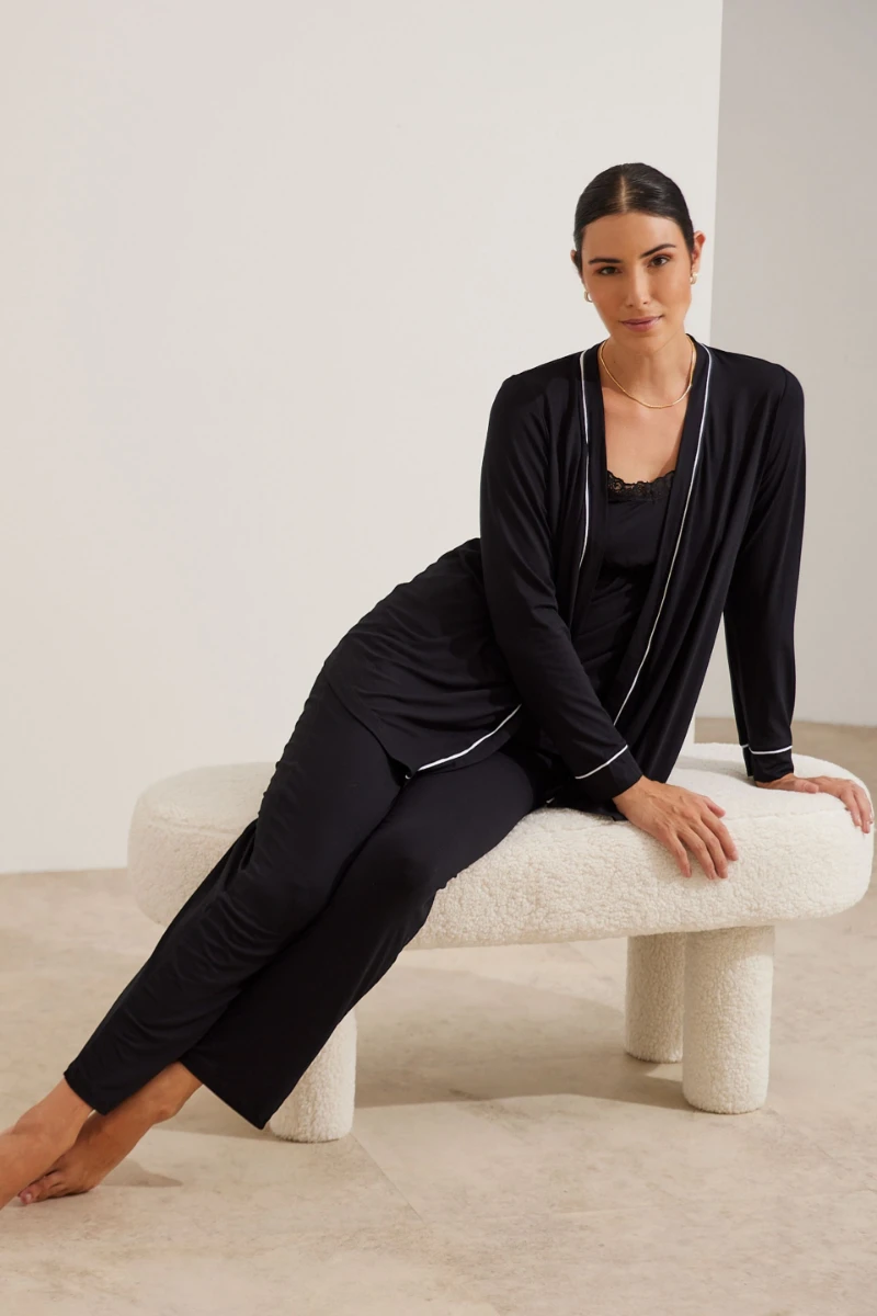 Pijama maternidade 3 peças preto com regata, calça e robe