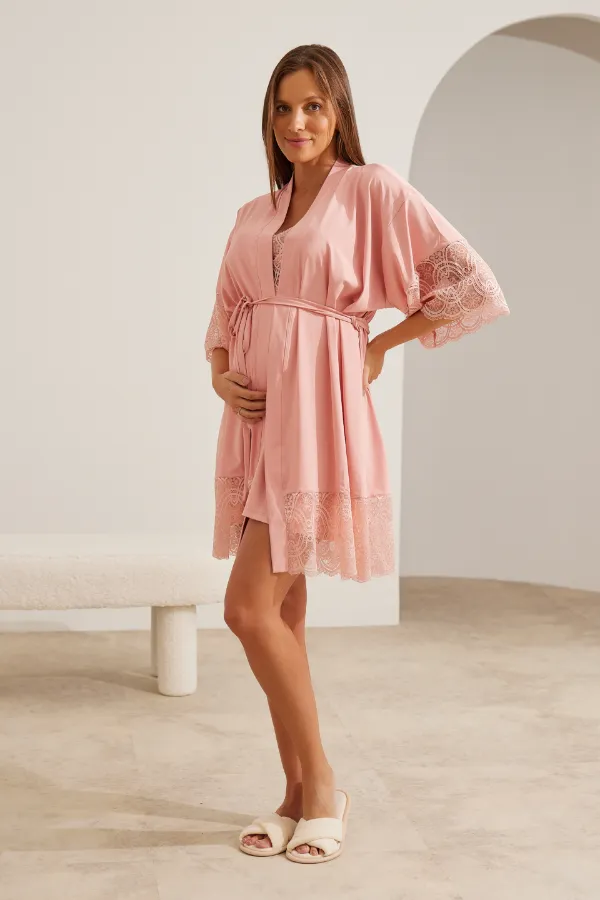 ROBE MATERNIDADE CURTO EM POLIAMIDA COM RENDA ROSE - Imagem 1