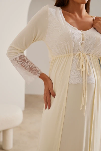 ROBE MATERNIDADE LONGO POLIAMIDA E RENDA CREME - Imagem 2