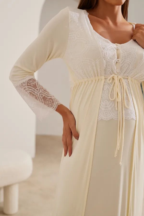 ROBE MATERNIDADE LONGO POLIAMIDA E RENDA CREME - Imagem 2