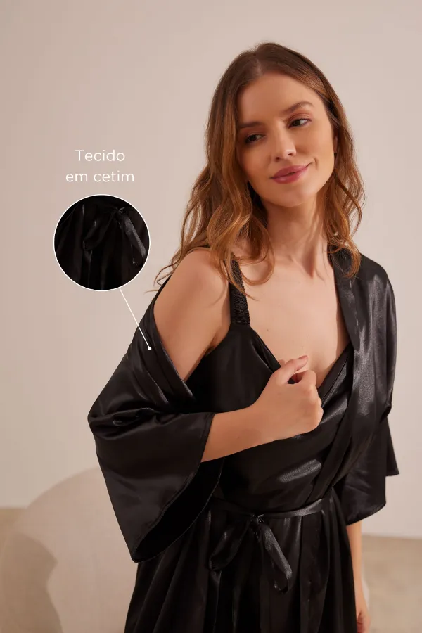 ROBE MATERNIDADE MIDI DE CETIM PRETO - Imagem 2